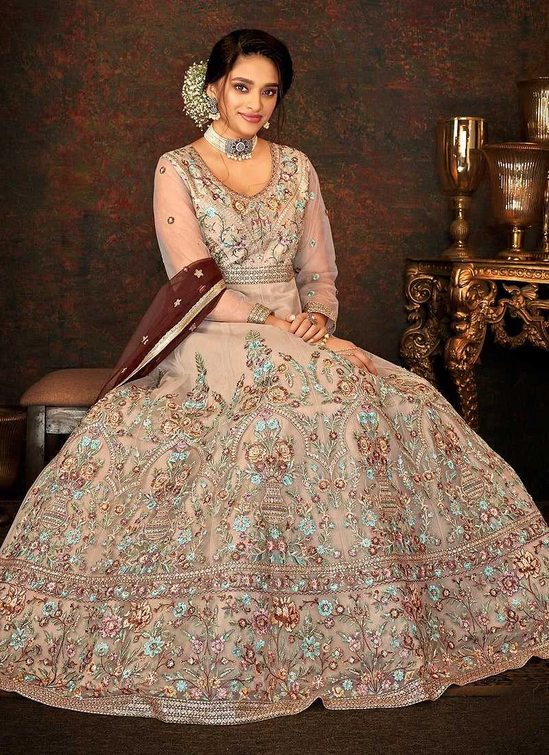 Grey and Gold Floral Embroidered Kalidar Anarkali