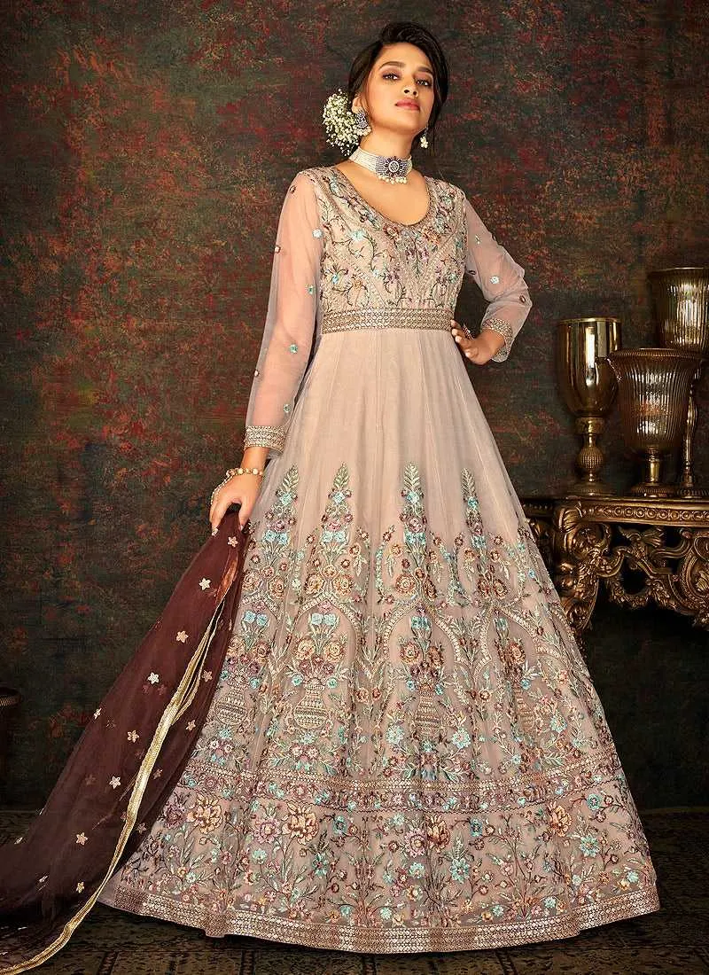 Grey and Gold Floral Embroidered Kalidar Anarkali
