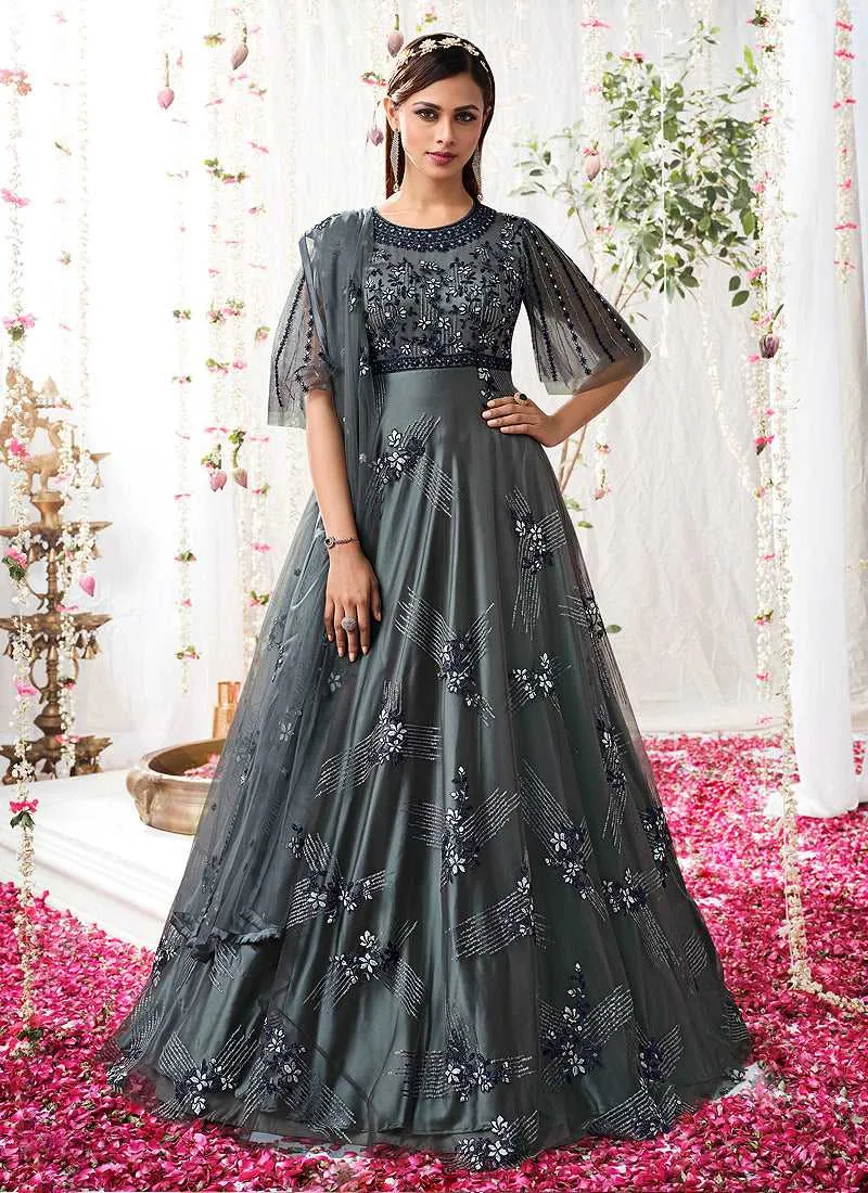 Grey Blue Heavy Embroidered Designer Kalidar Anarkali Suit
