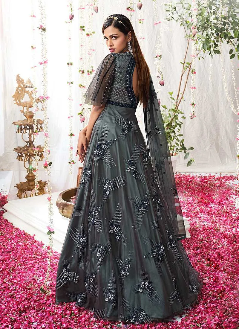 Grey Blue Heavy Embroidered Designer Kalidar Anarkali Suit