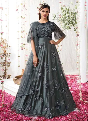 Grey Blue Heavy Embroidered Designer Kalidar Anarkali Suit