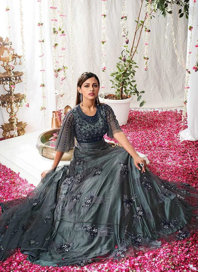 Grey Blue Heavy Embroidered Designer Kalidar Anarkali Suit