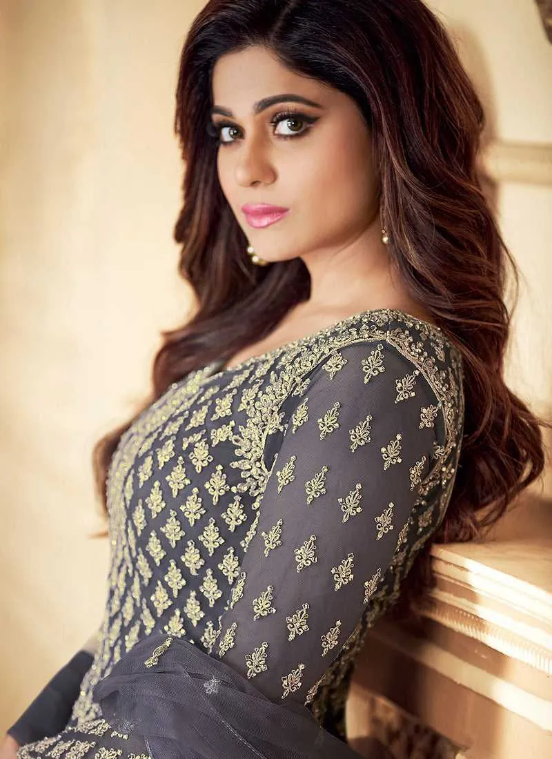 Grey Heavy Embroidered Gown Style Anarkali