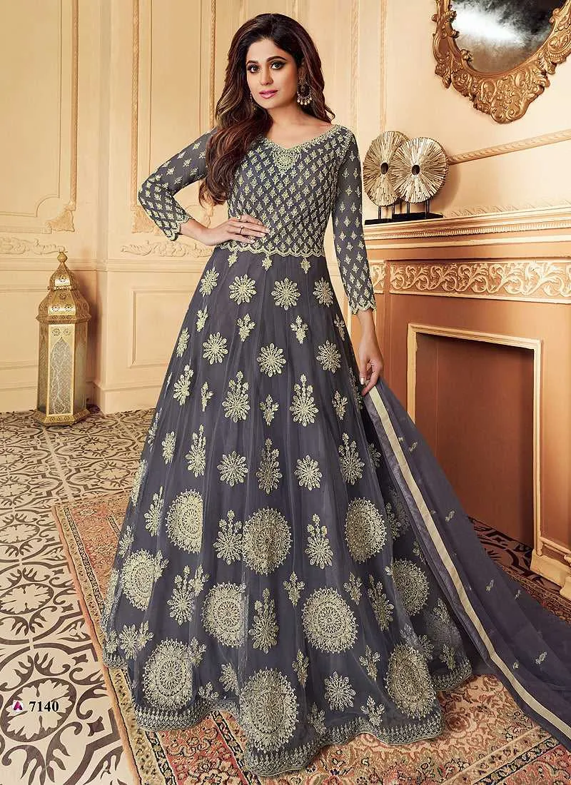Grey Heavy Embroidered Gown Style Anarkali