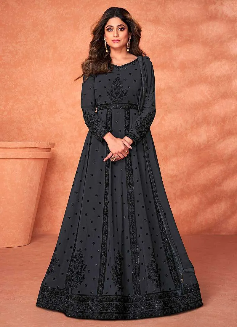 Grey Heavy Embroidered Kalidar Anarkali