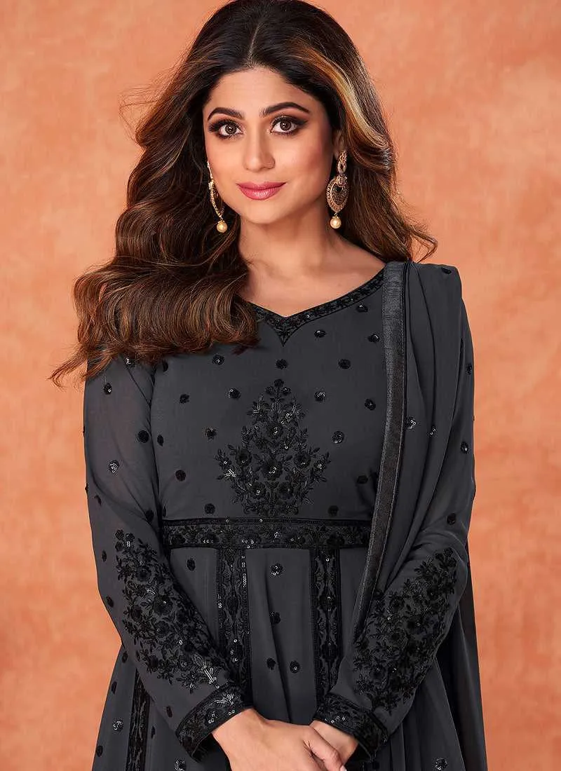 Grey Heavy Embroidered Kalidar Anarkali