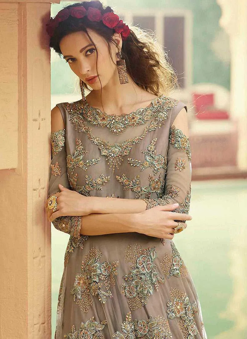 Grey Shade Heavy Embroidered Gown Style Anarkali Suit