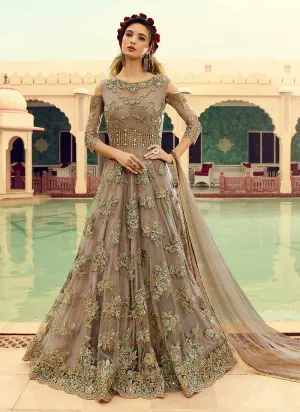Grey Shade Heavy Embroidered Gown Style Anarkali Suit