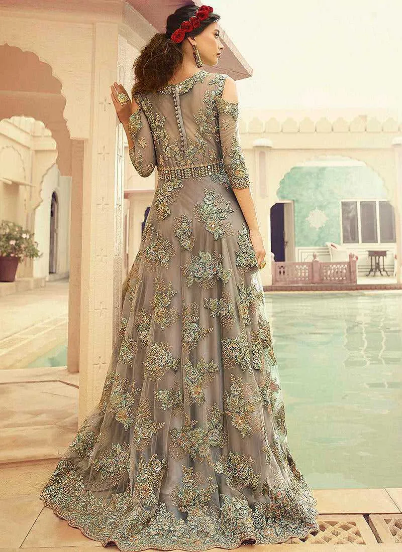 Grey Shade Heavy Embroidered Gown Style Anarkali Suit