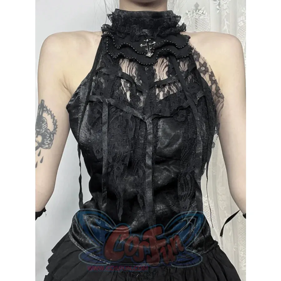 Halloween Gothic Rose Black Hanging Neck Top