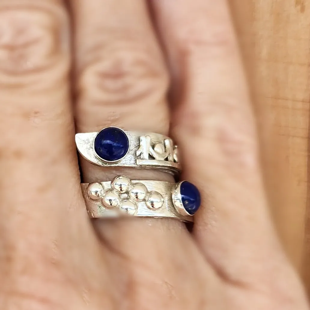 Handmade Sterling Silver Bypass Ring with Lapis Lazuli Cabochon | Boho Jewelry