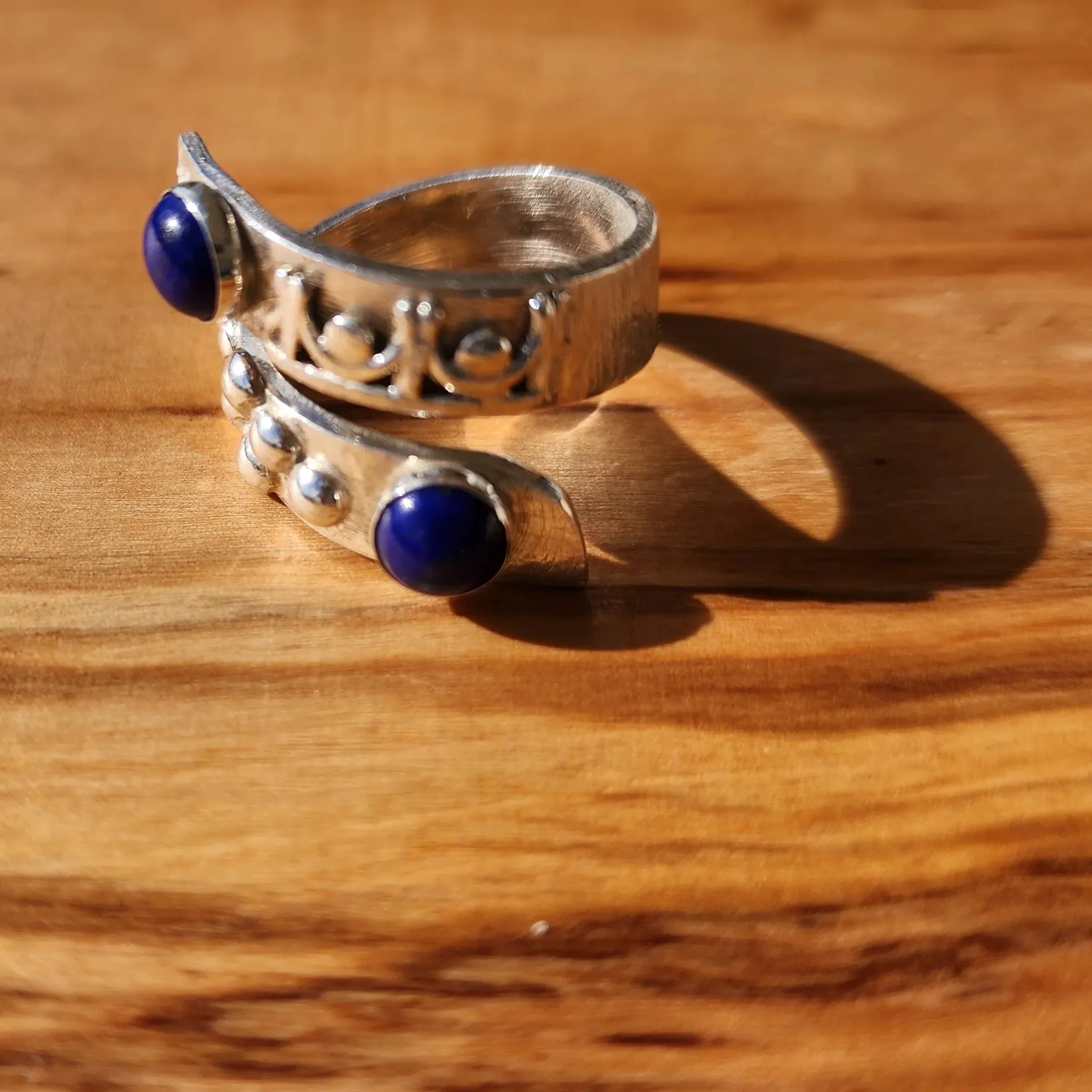 Handmade Sterling Silver Bypass Ring with Lapis Lazuli Cabochon | Boho Jewelry
