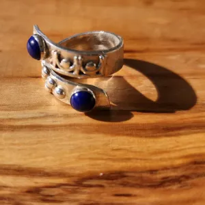Handmade Sterling Silver Bypass Ring with Lapis Lazuli Cabochon | Boho Jewelry