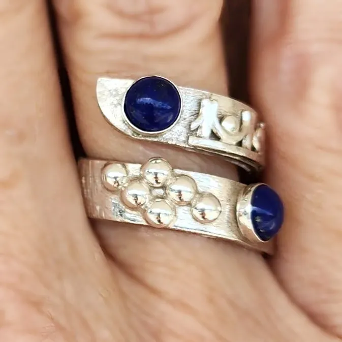 Handmade Sterling Silver Bypass Ring with Lapis Lazuli Cabochon | Boho Jewelry