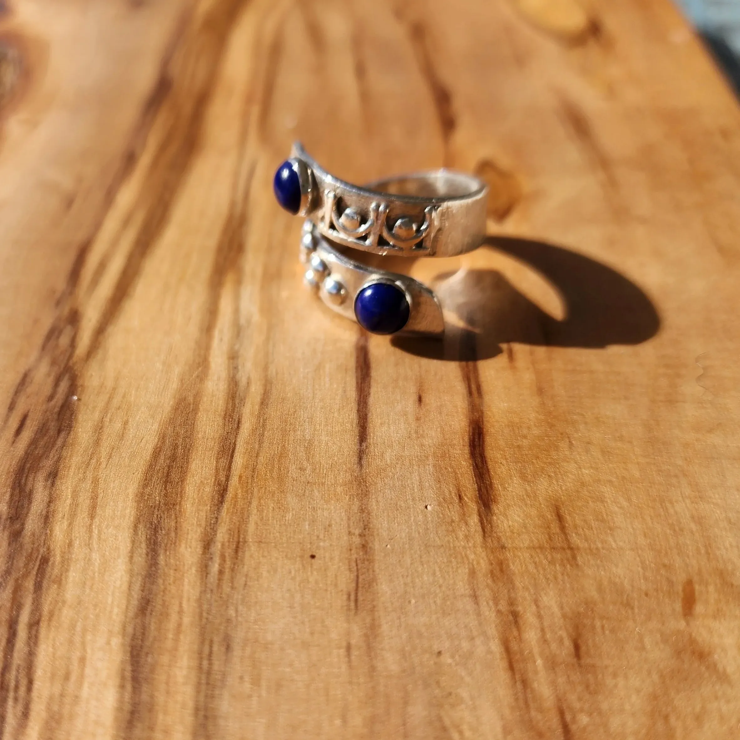 Handmade Sterling Silver Bypass Ring with Lapis Lazuli Cabochon | Boho Jewelry