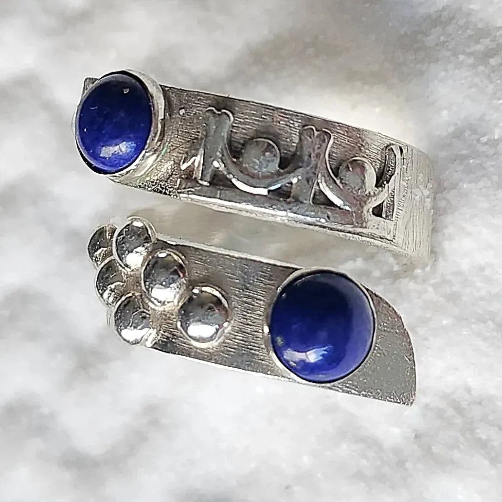 Handmade Sterling Silver Bypass Ring with Lapis Lazuli Cabochon | Boho Jewelry