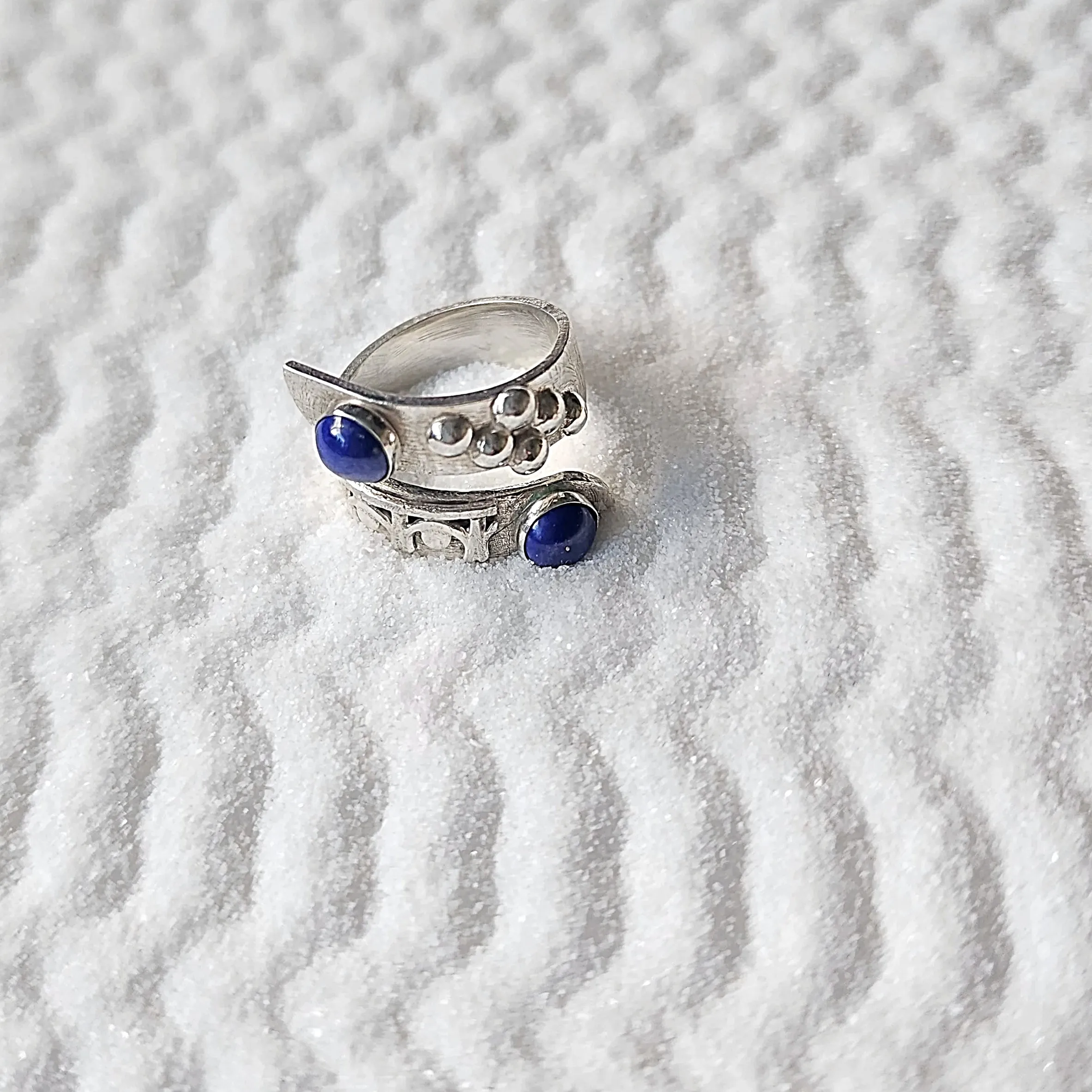 Handmade Sterling Silver Bypass Ring with Lapis Lazuli Cabochon | Boho Jewelry