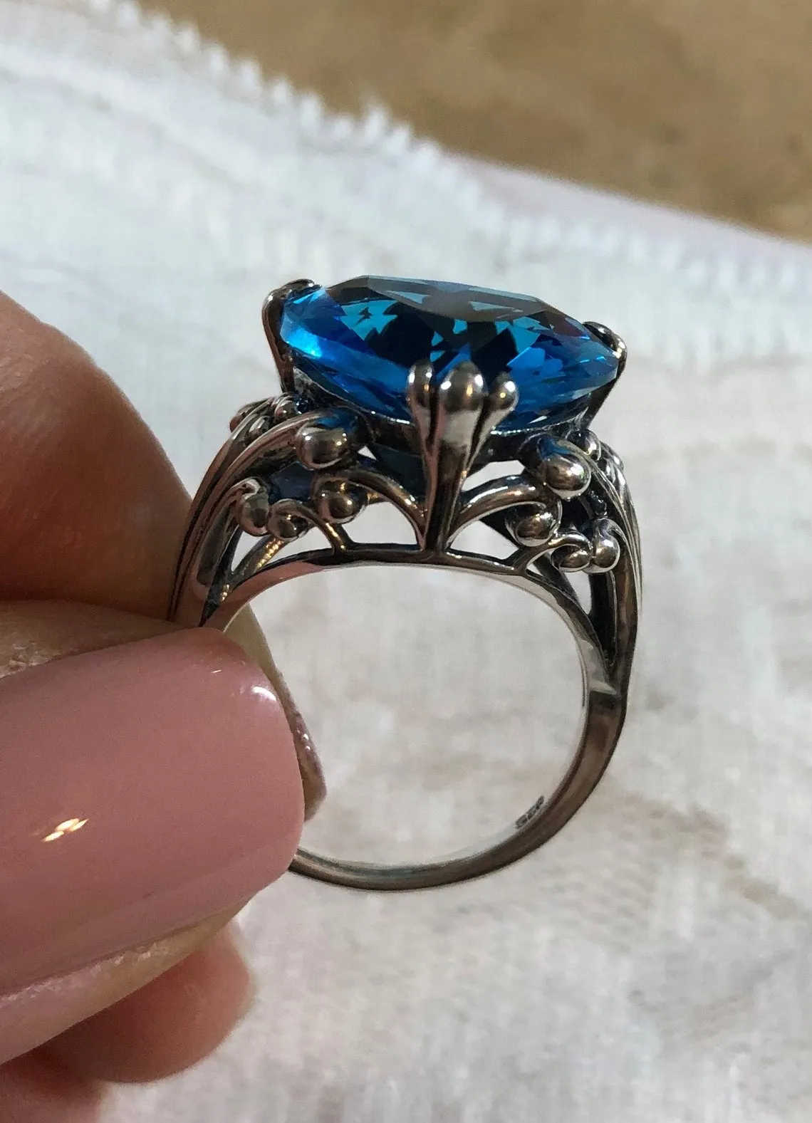 Heart Ring, Size 8, Swiss Blue Gem, Art Deco Jewelry #D213 - Ready to Ship