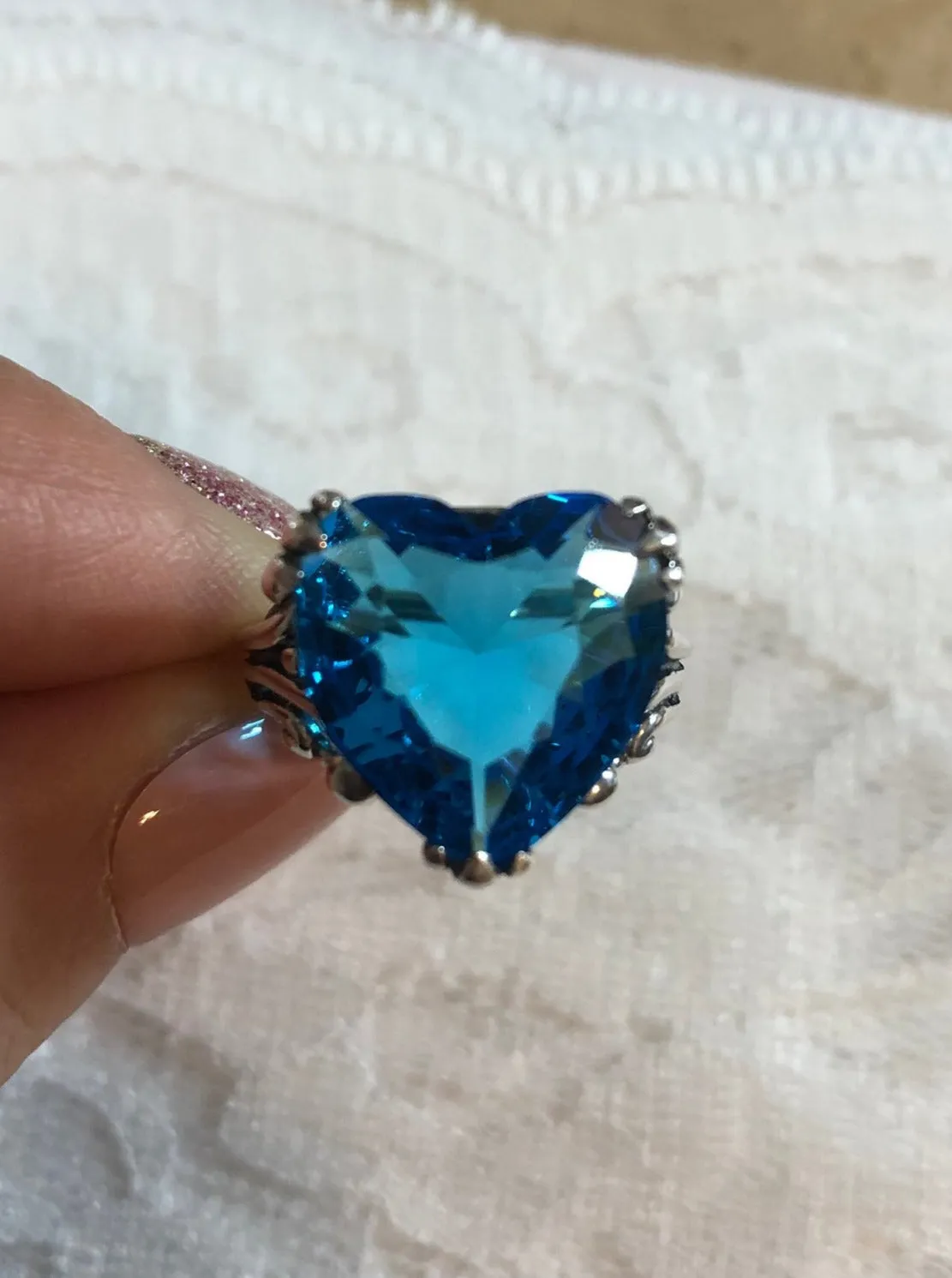 Heart Ring, Size 8, Swiss Blue Gem, Art Deco Jewelry #D213 - Ready to Ship