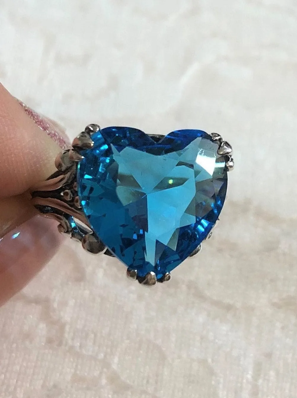 Heart Ring, Size 8, Swiss Blue Gem, Art Deco Jewelry #D213 - Ready to Ship