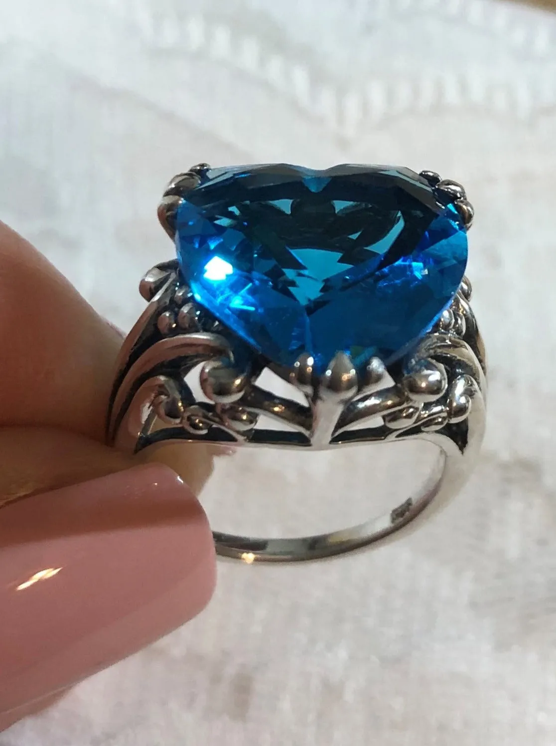 Heart Ring, Size 8, Swiss Blue Gem, Art Deco Jewelry #D213 - Ready to Ship