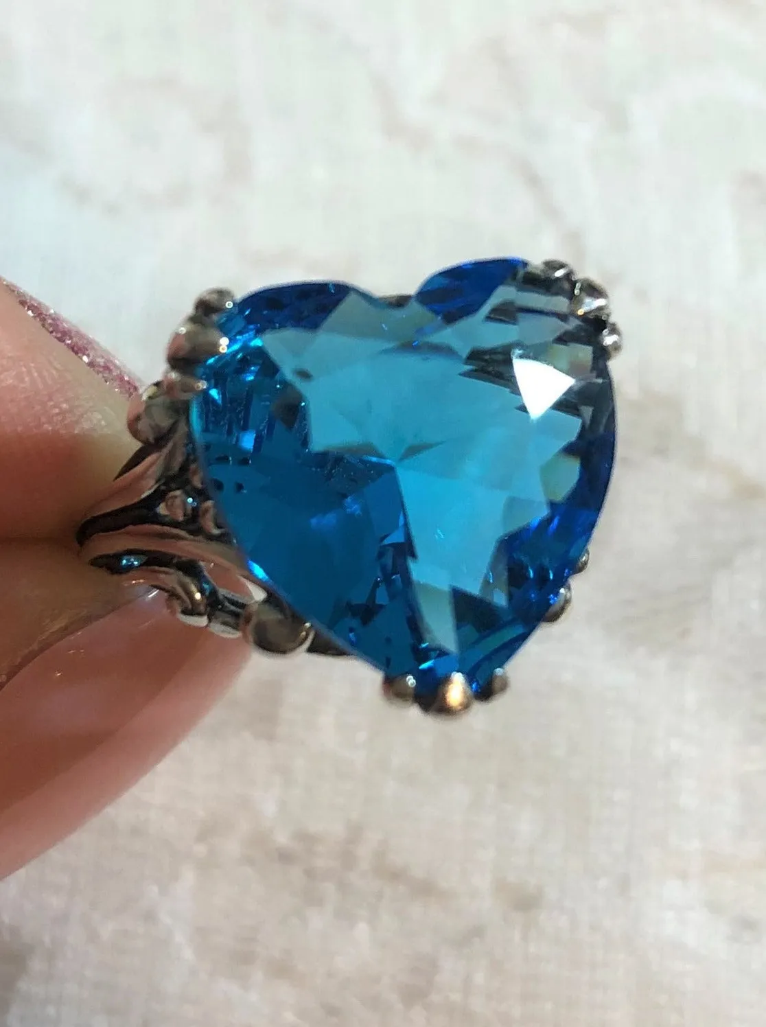 Heart Ring, Size 8, Swiss Blue Gem, Art Deco Jewelry #D213 - Ready to Ship