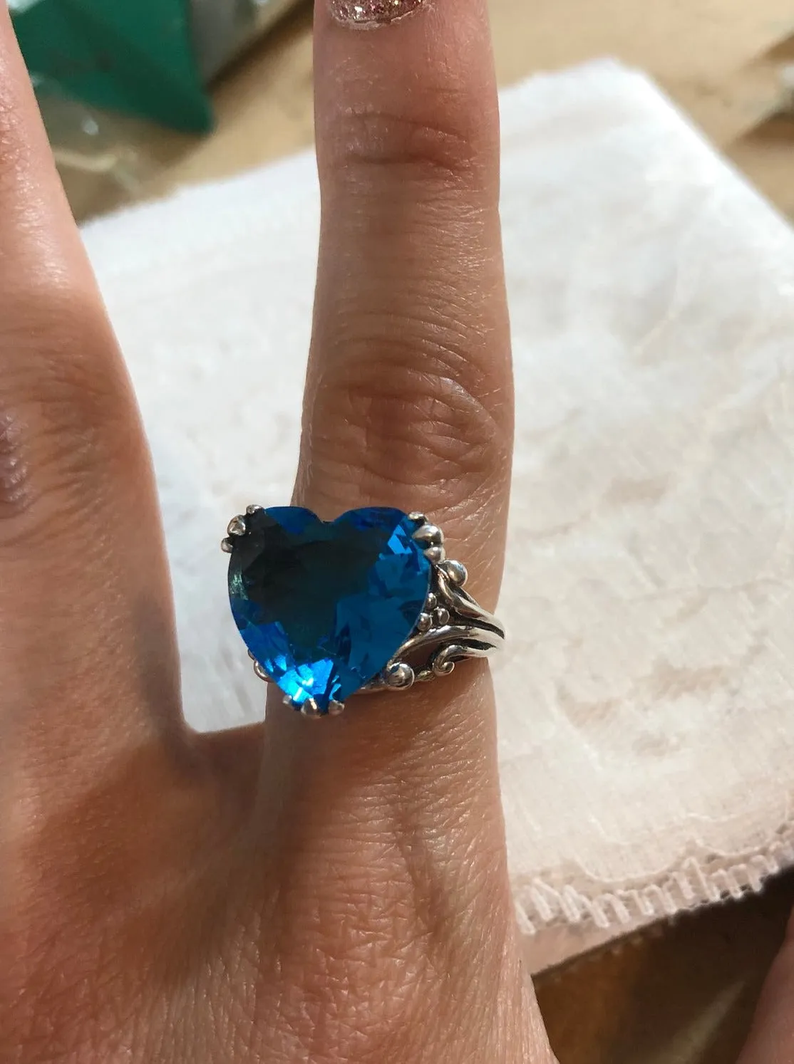 Heart Ring, Size 8, Swiss Blue Gem, Art Deco Jewelry #D213 - Ready to Ship