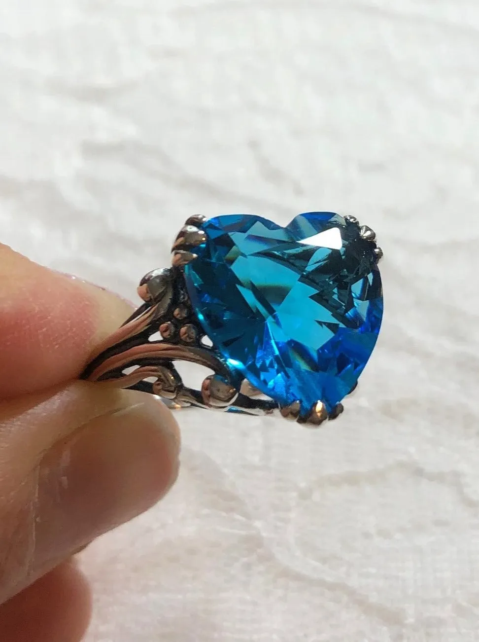 Heart Ring, Size 8, Swiss Blue Gem, Art Deco Jewelry #D213 - Ready to Ship