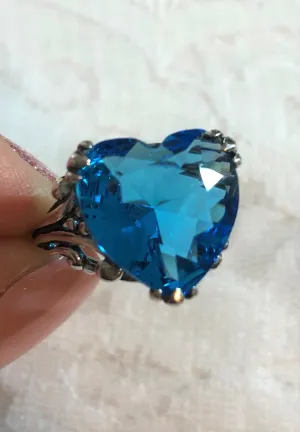 Heart Ring, Size 8, Swiss Blue Gem, Art Deco Jewelry #D213 - Ready to Ship