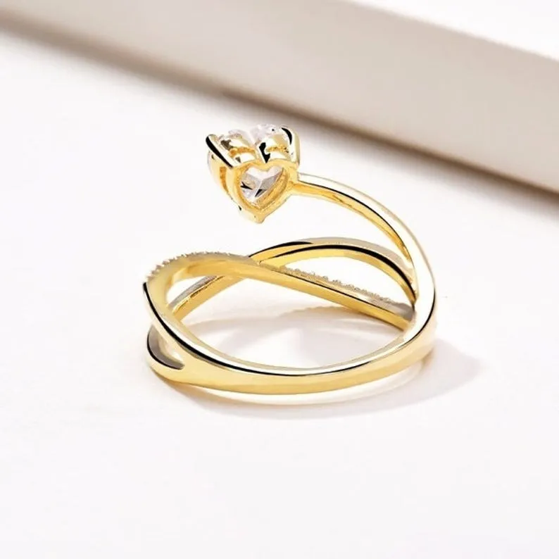 Heart Shape Moissanite Ring, white gold Unique Love Ring, unique Half Eternity wedding ring, bridal anniversary gift, antique Wedding rings