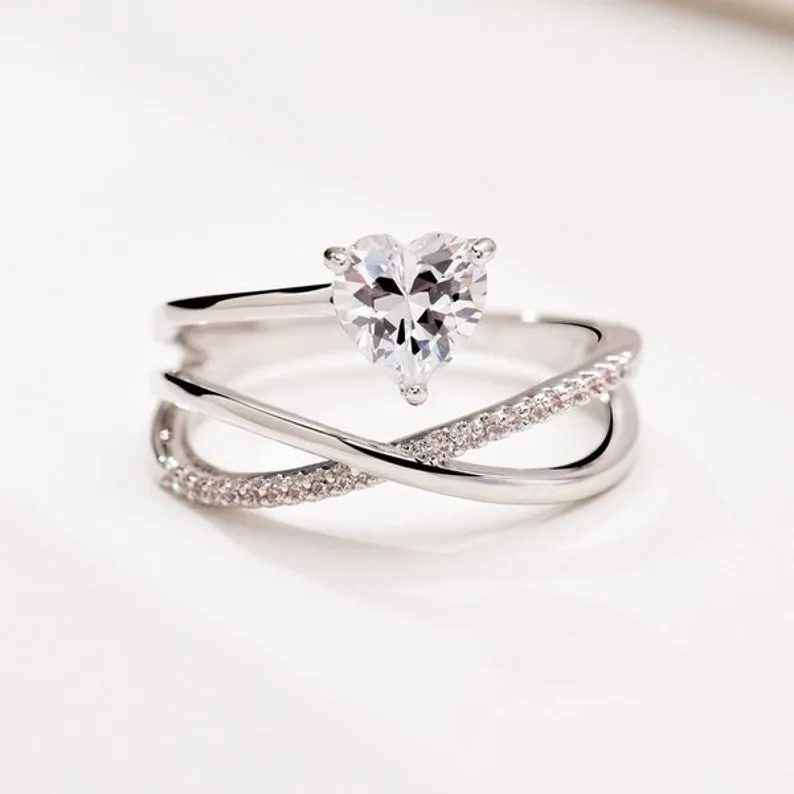Heart Shape Moissanite Ring, white gold Unique Love Ring, unique Half Eternity wedding ring, bridal anniversary gift, antique Wedding rings