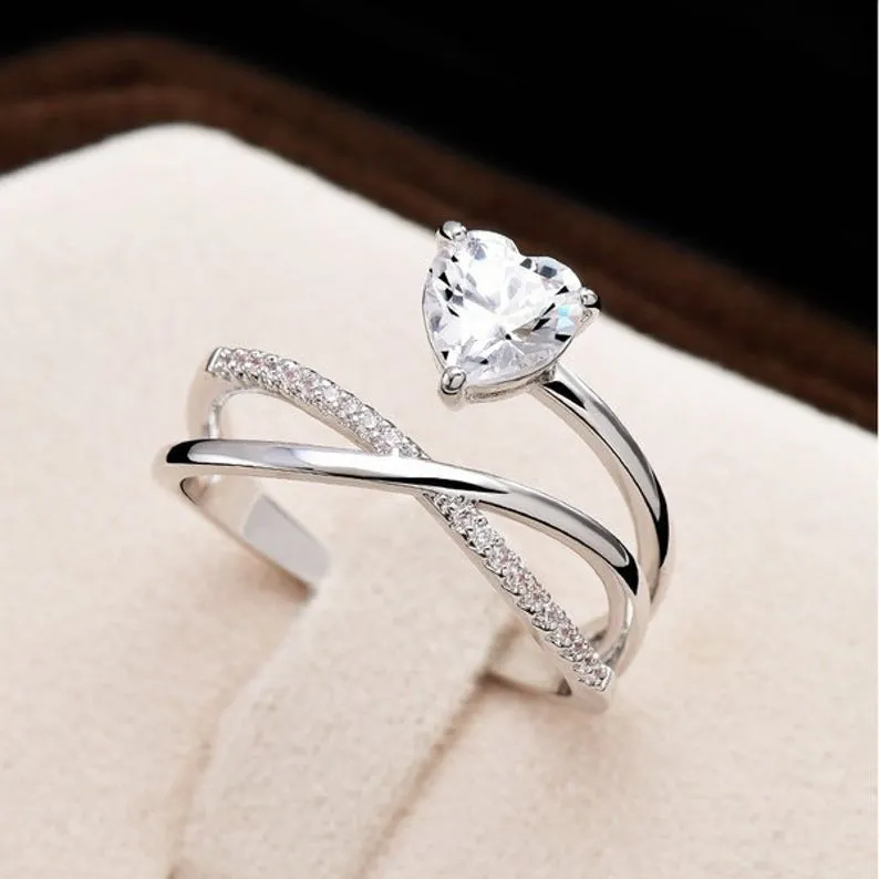 Heart Shape Moissanite Ring, white gold Unique Love Ring, unique Half Eternity wedding ring, bridal anniversary gift, antique Wedding rings