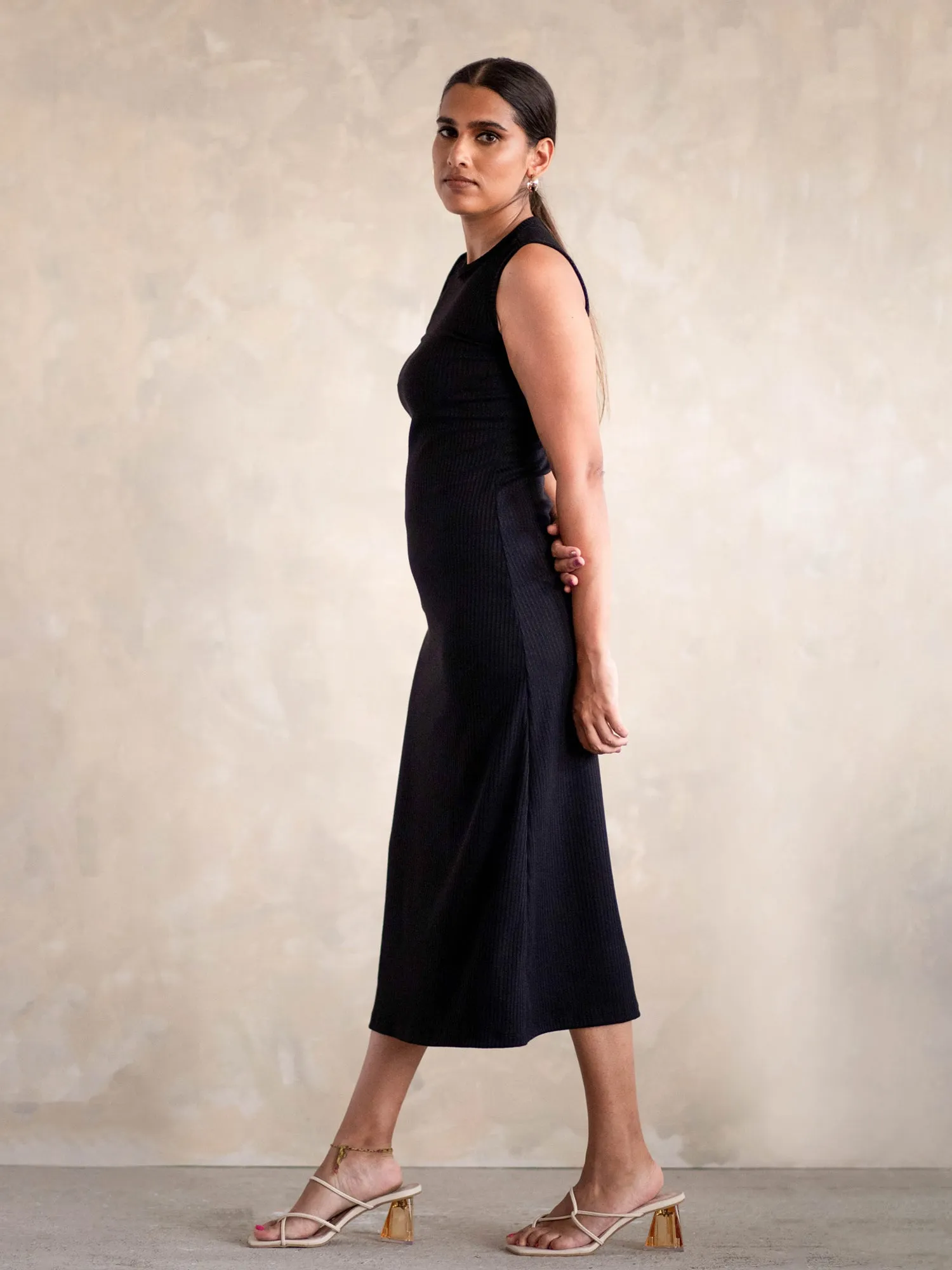 High Neck Ribbed Midi Dress