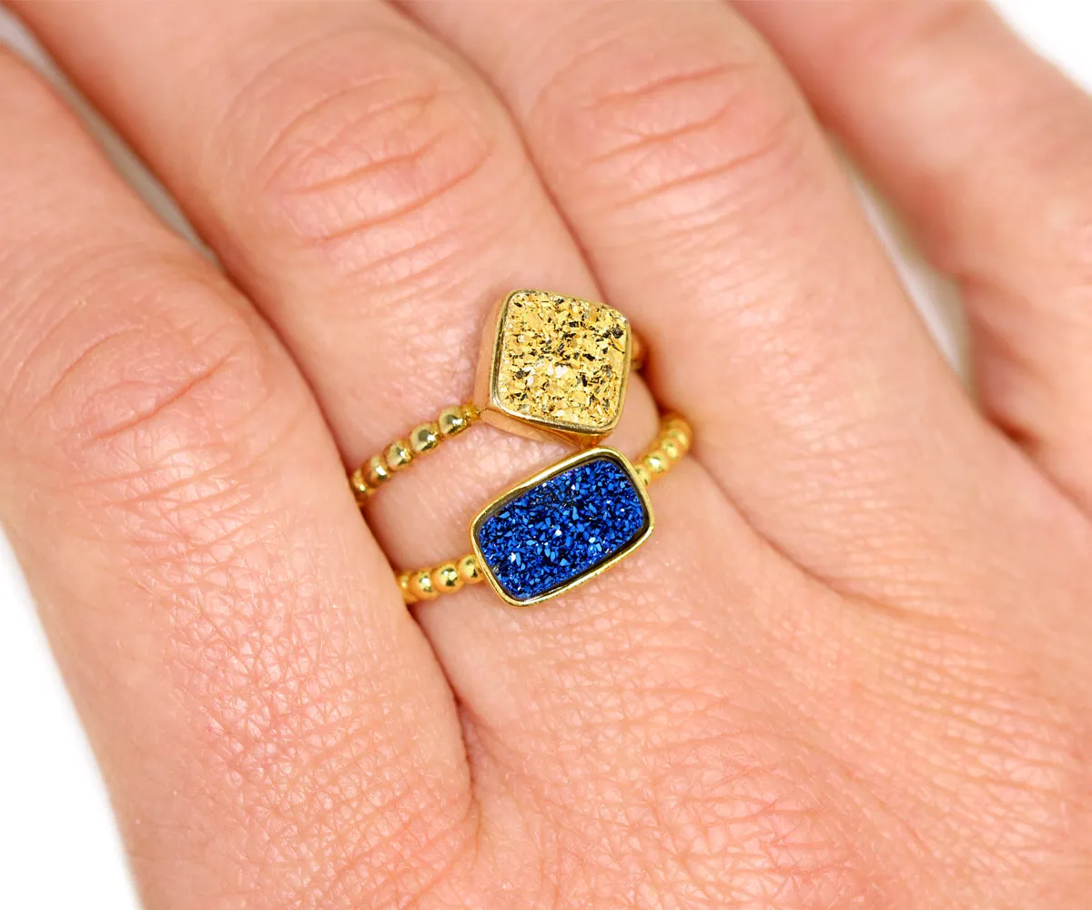 Horizontal Rectangle Purple Rainbow Druzy 14k Gold Ring
