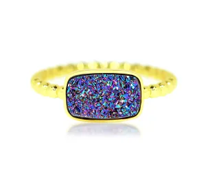 Horizontal Rectangle Purple Rainbow Druzy 14k Gold Ring