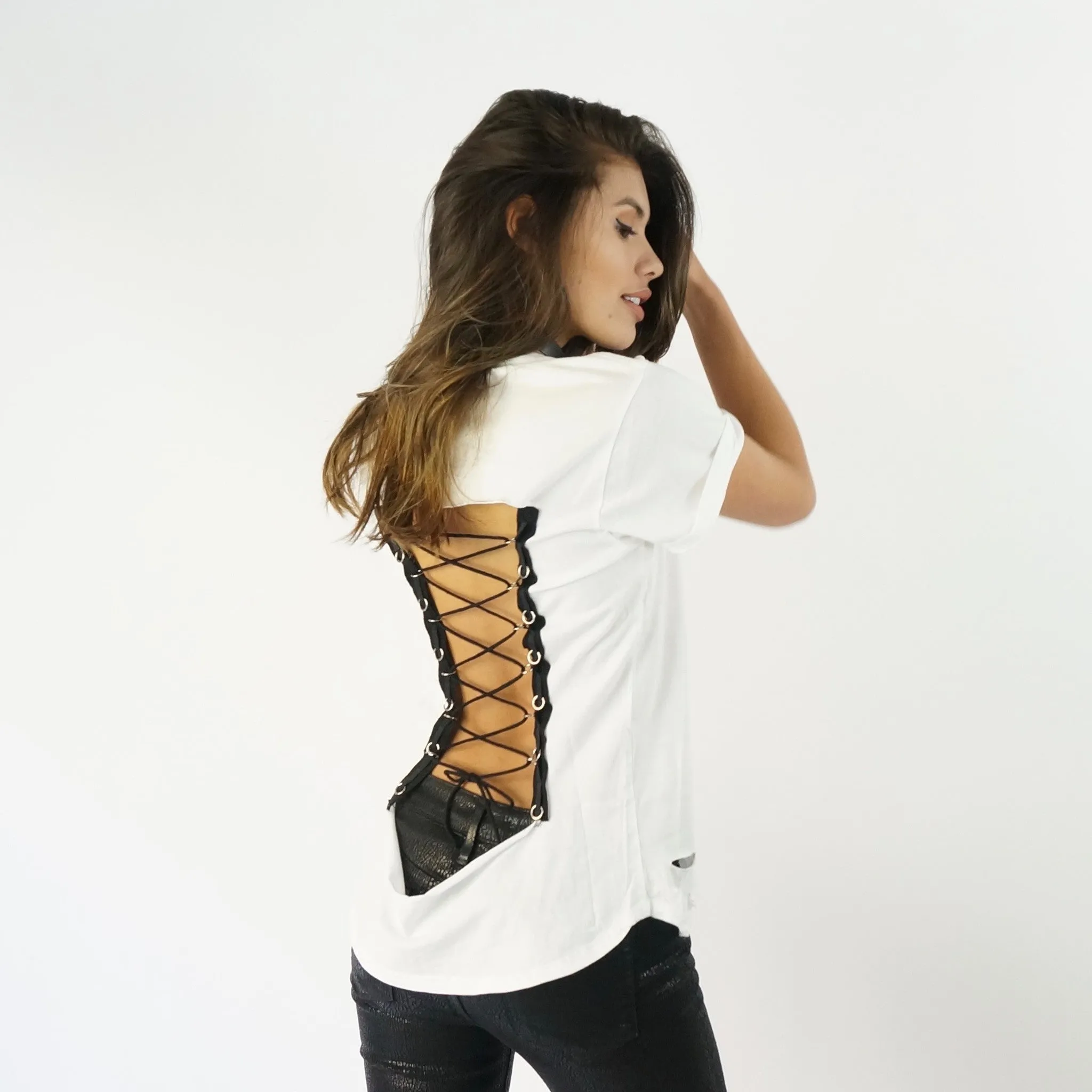 I'll Meet You There Open Back Lace Up Tee - Available In Black