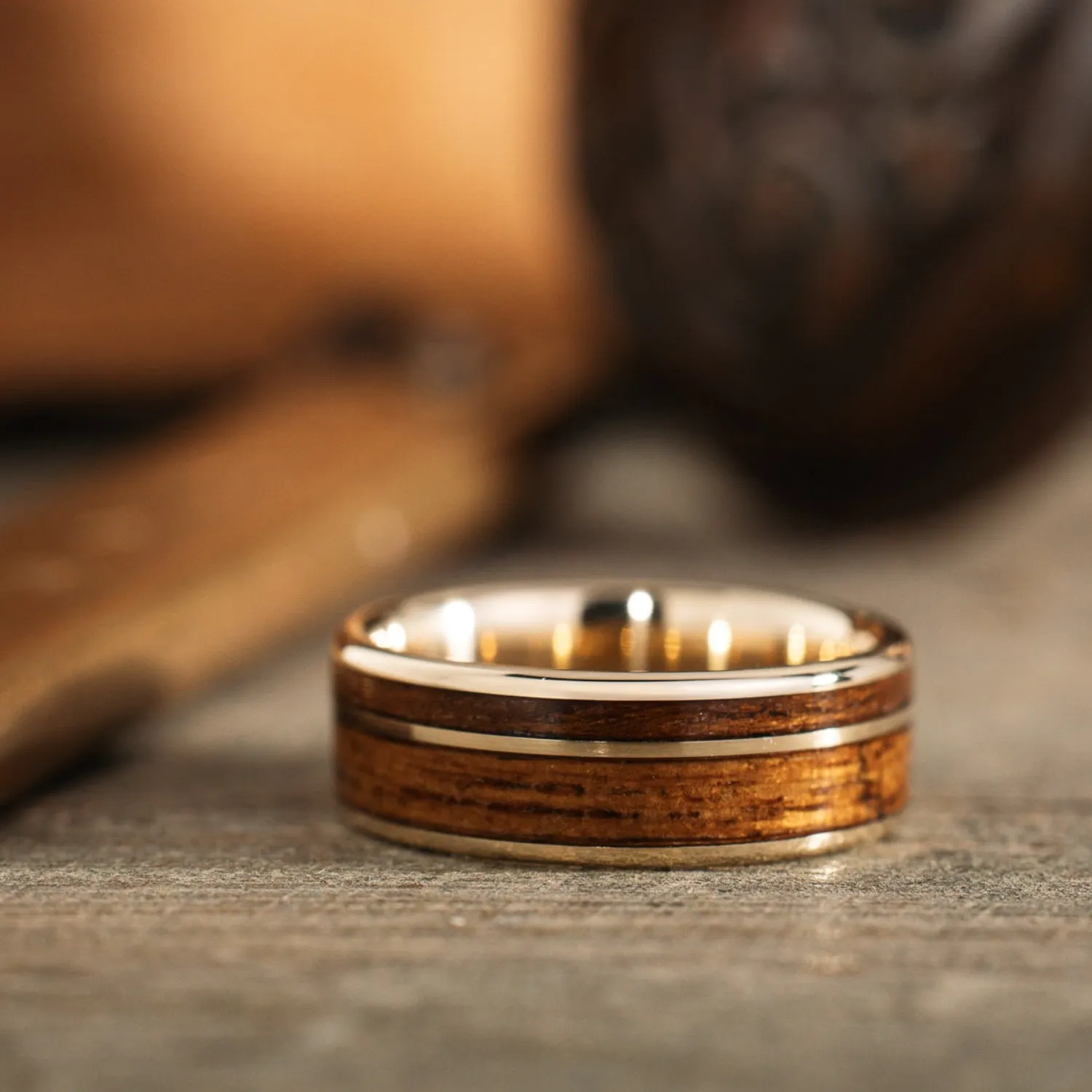 (In-Stock) The USS North Carolina | Men's 10k Yellow Gold Wedding Band with USS North Carolina Battleship Teak Wood - Size 10 | 8mm Wide