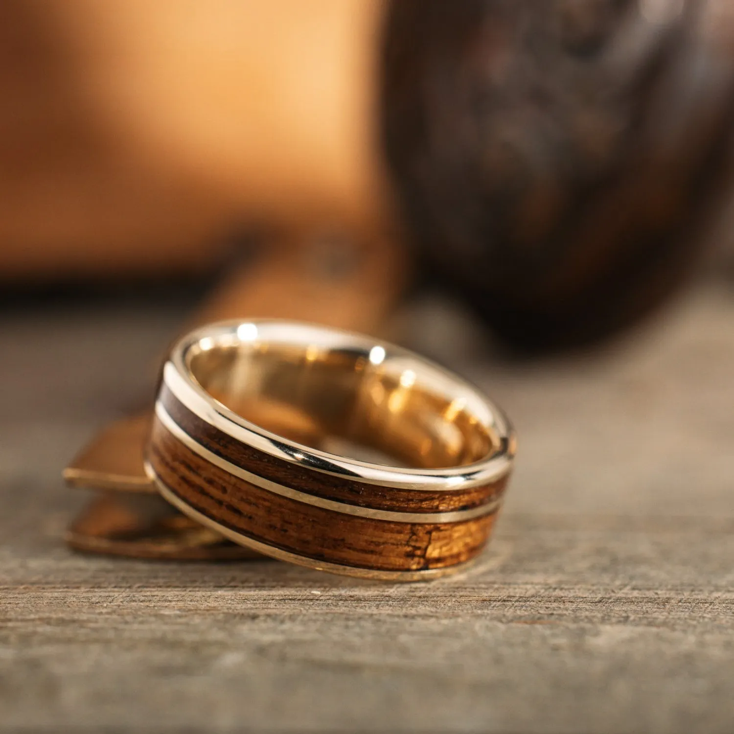 (In-Stock) The USS North Carolina | Men's 10k Yellow Gold Wedding Band with USS North Carolina Battleship Teak Wood - Size 10 | 8mm Wide