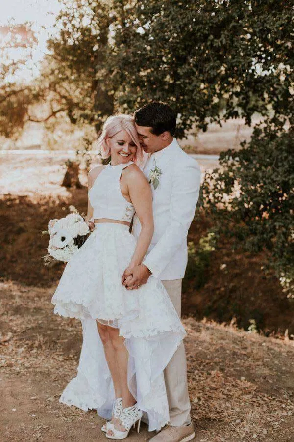 Ivory Lace Two Piece High-Low Short Wedding Dresses, Small Train Bridal Dress, SW388
