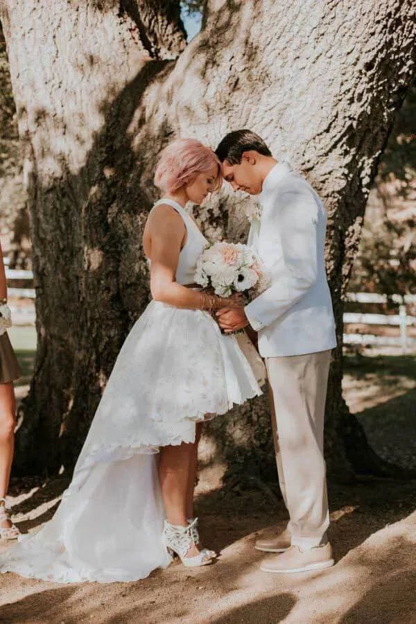 Ivory Lace Two Piece High-Low Short Wedding Dresses, Small Train Bridal Dress, SW388
