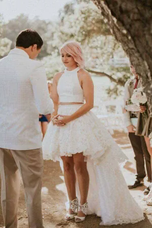 Ivory Lace Two Piece High-Low Short Wedding Dresses, Small Train Bridal Dress, SW388