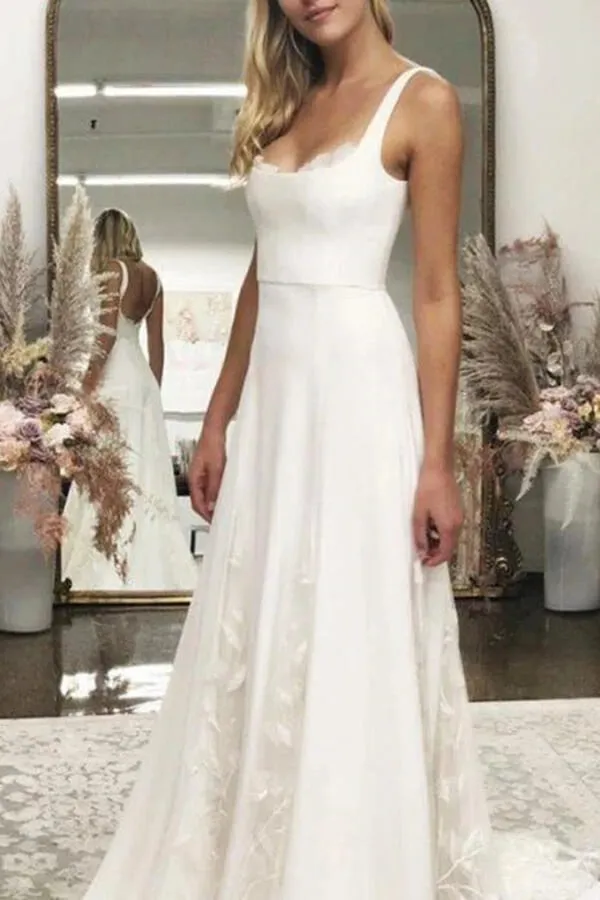 Ivory Satin A-line Spaghetti Straps Wedding Dresses, Wedding Gown, MW638