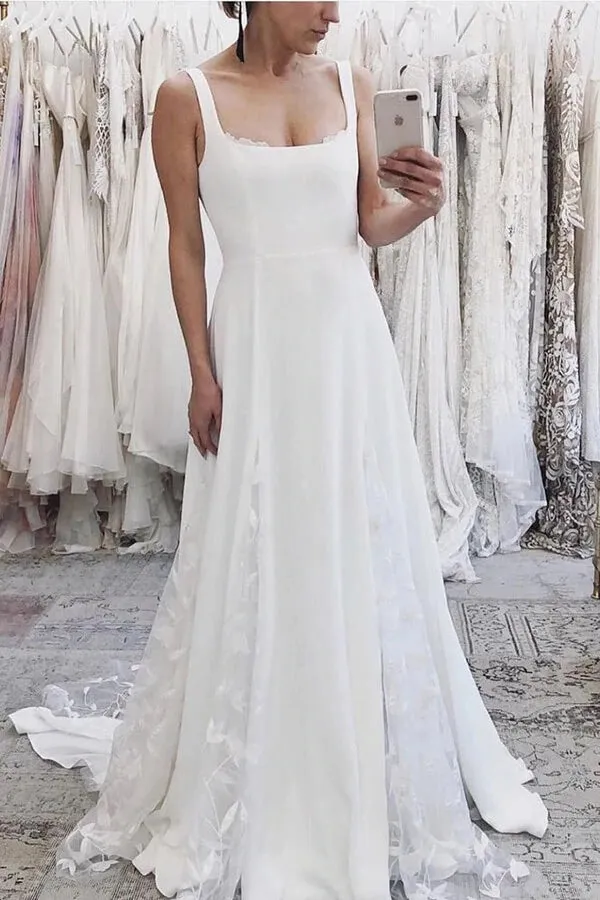 Ivory Satin A-line Spaghetti Straps Wedding Dresses, Wedding Gown, MW638