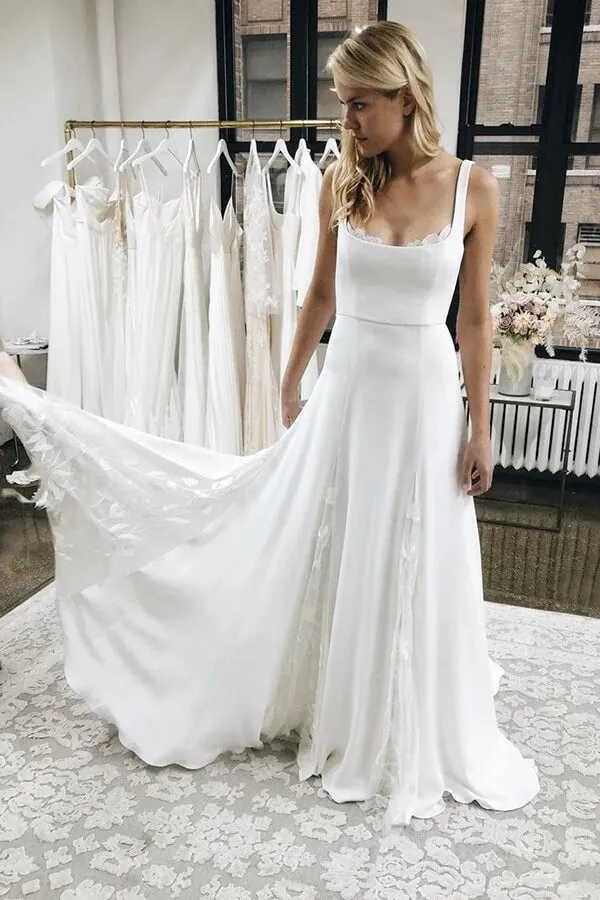Ivory Satin A-line Spaghetti Straps Wedding Dresses, Wedding Gown, MW638