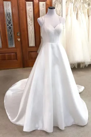Ivory Satin A-line V-neck Spaghetti Straps Wedding Dresses, Bridal Gown, MW851