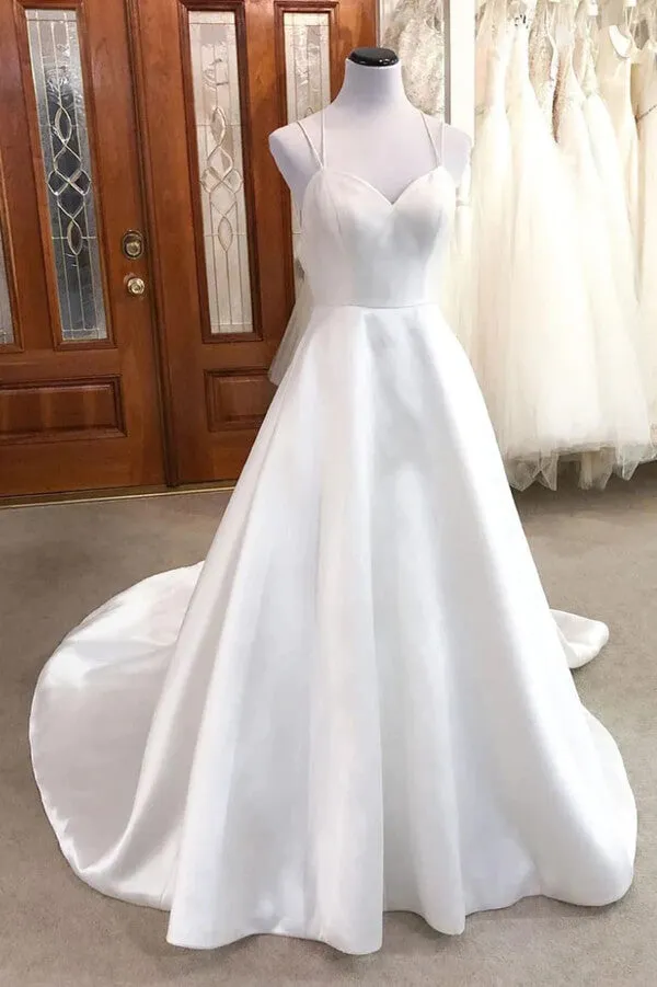 Ivory Satin A-line V-neck Spaghetti Straps Wedding Dresses, Bridal Gown, MW851