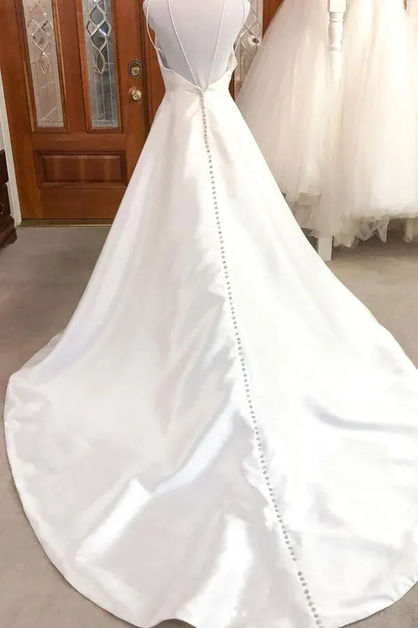 Ivory Satin A-line V-neck Spaghetti Straps Wedding Dresses, Bridal Gown, MW851