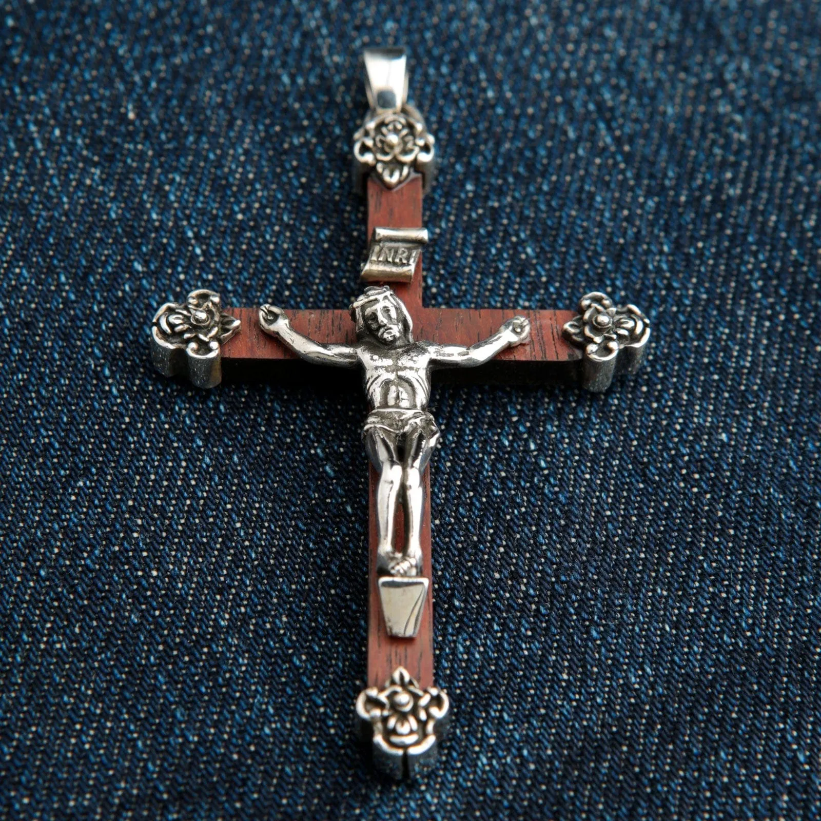 Jesus Crucifix Cross Wood Sterling Silver Pendant