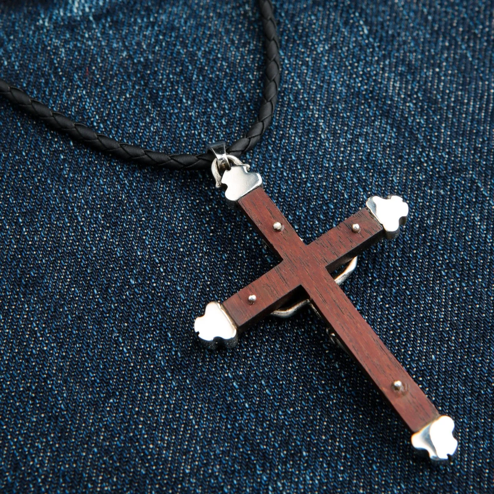 Jesus Crucifix Cross Wood Sterling Silver Pendant