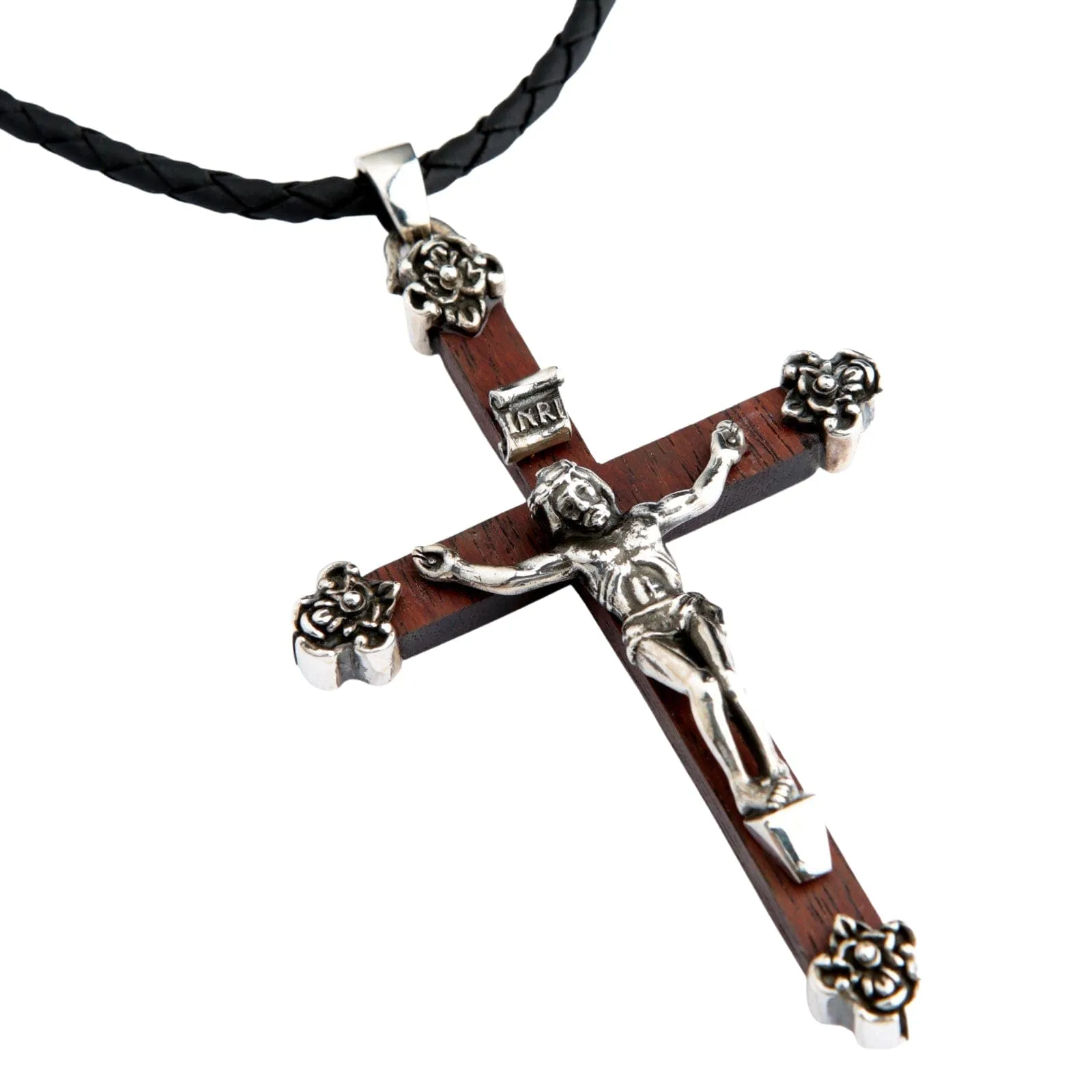 Jesus Crucifix Cross Wood Sterling Silver Pendant